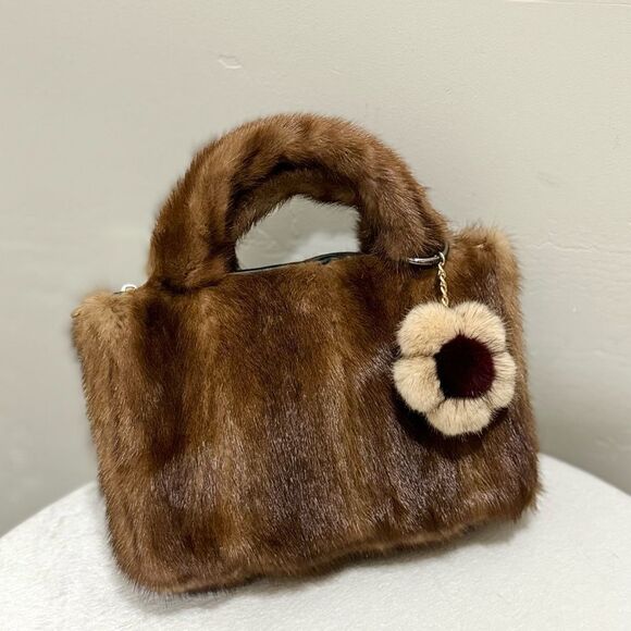 Handmade Real Muskrat Fur Top Handles Satchel With Mink Fur Flower Bag Charm - Picture 7 of 16